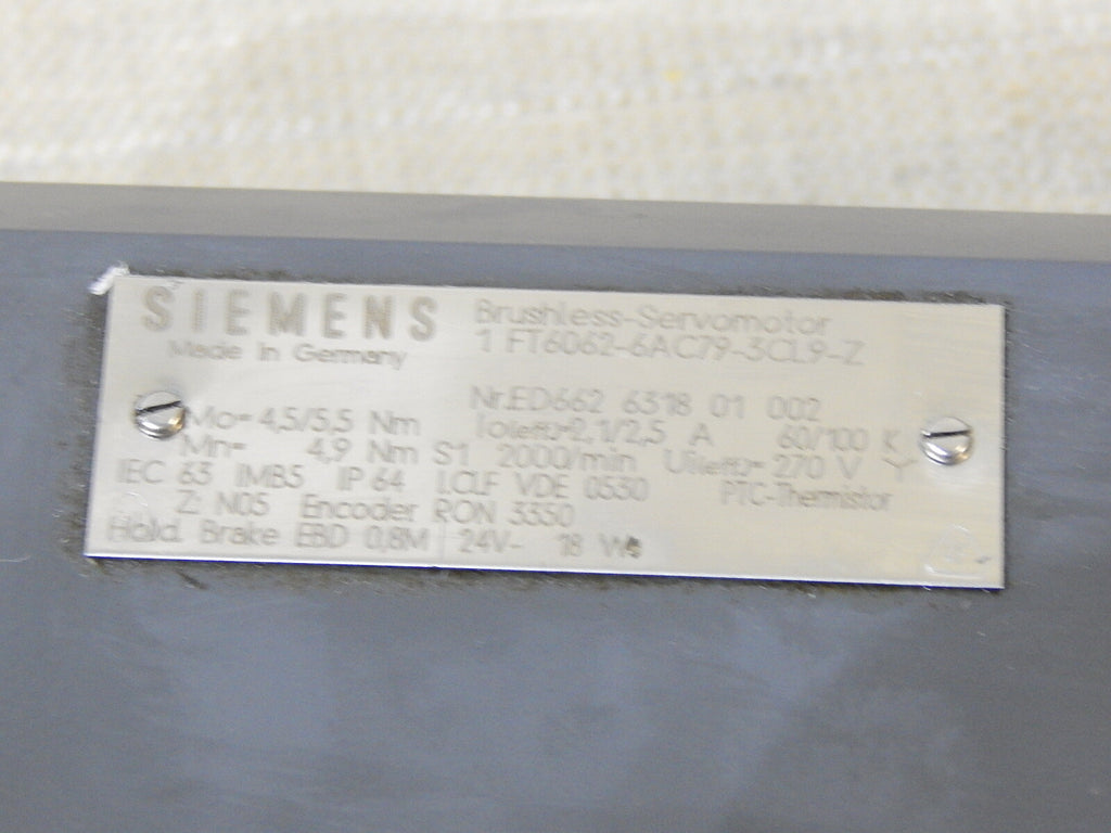 Siemens Brushless Servomotor 1FT6062-6AC79-3CL9-Z  Used