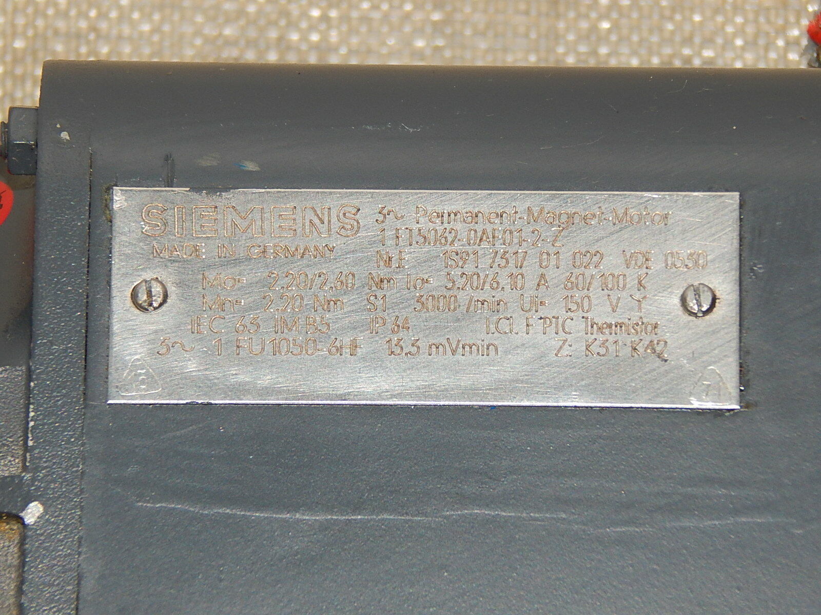 Siemens 1FT5062-0AF01-2-Z 3~Permanent-Magnet-Motor Servomotor Motor Used