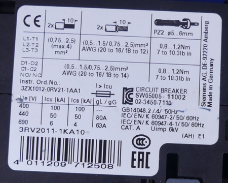 Siemens Sirius 3RV2011-0KA10 / 3RV 2011-0KA10 Motorschutzschalter