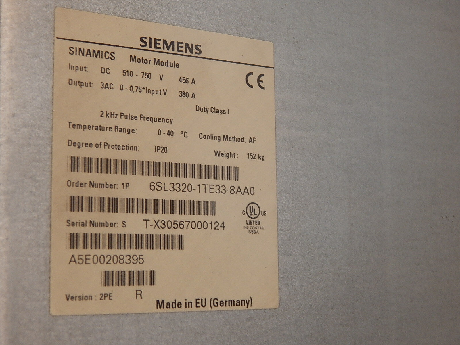  Siemens  Sinamics Single Motor Module 6SL3320-1TE33-8AA0 used