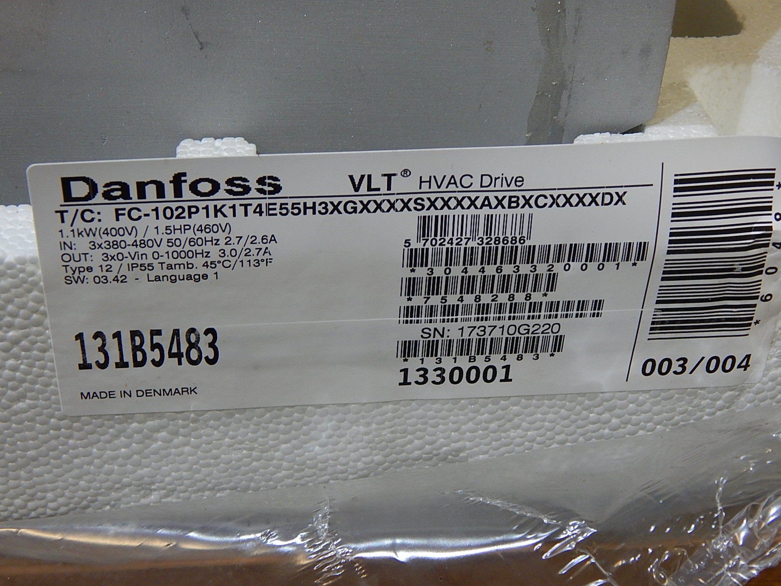 Danfoss VLT HVAC Drive  FC-102P1K1T4E55H3XGXXXXSXXXXAXBXXCXXXXDX 1,1KW