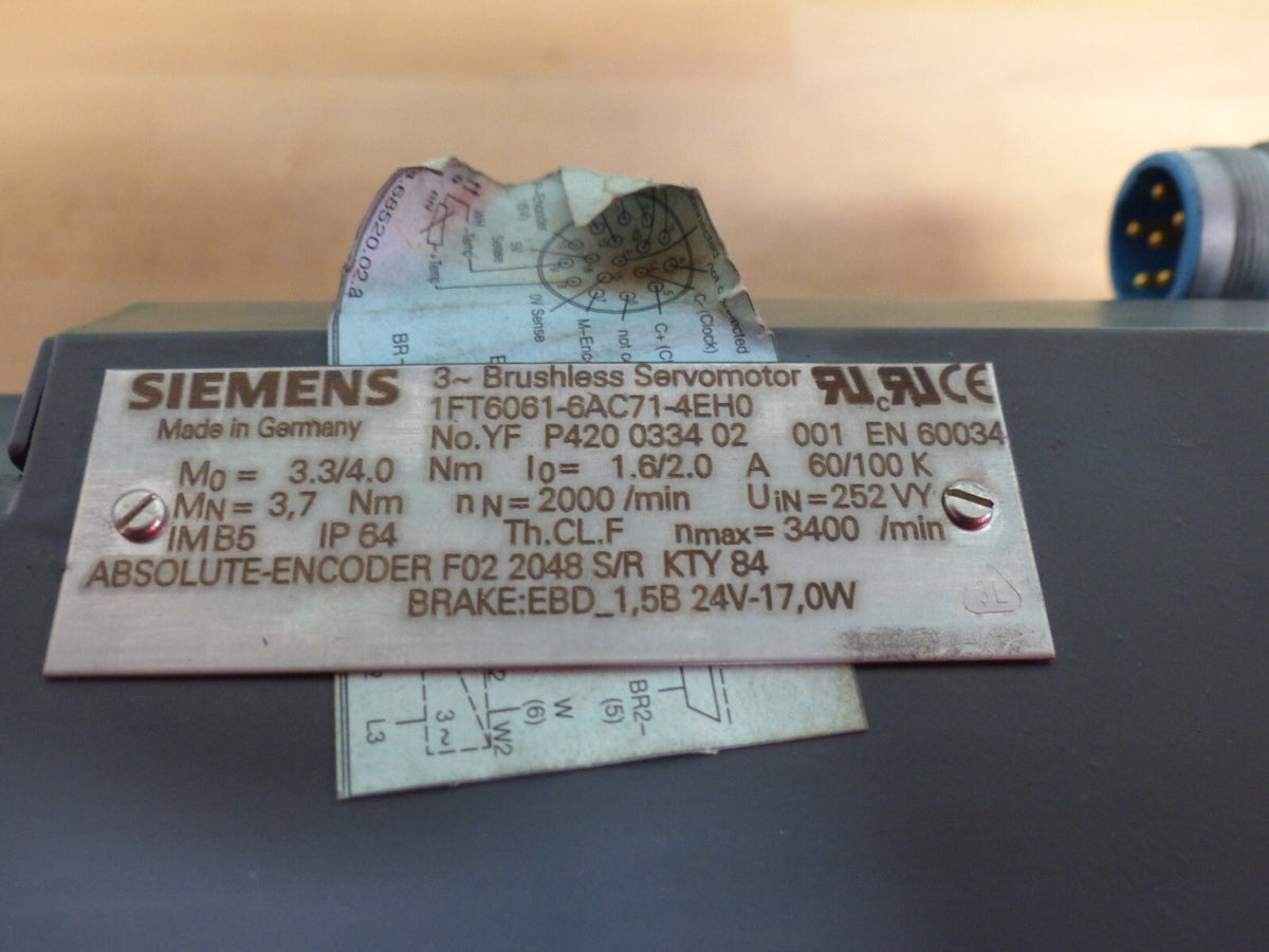 Siemens 3~Brushless Servomotor 1FT6061-6AC71-4EH0  1FT60616AC714EH0 used s.B