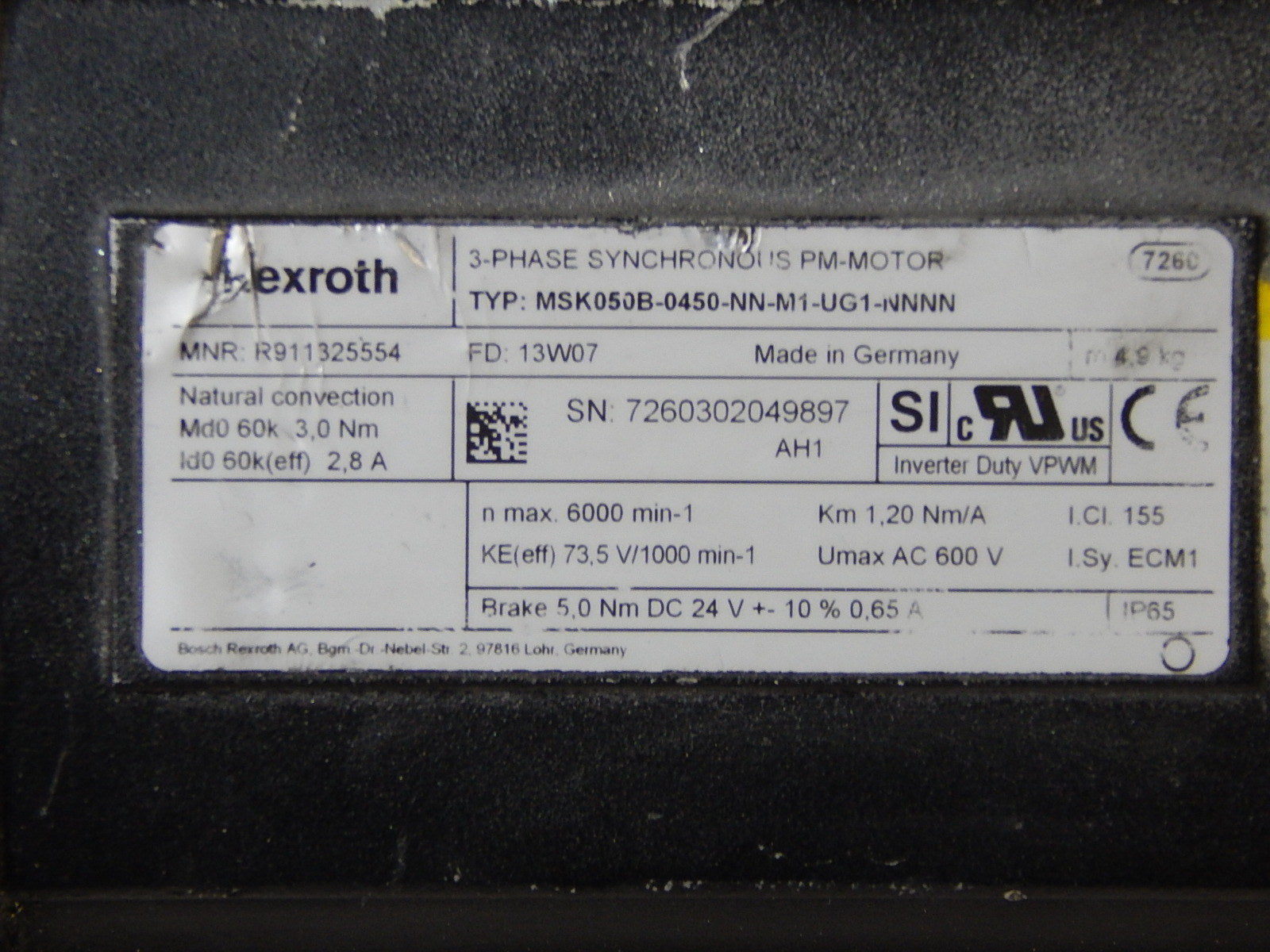 Rexroth servomotor MSK050B-0450-NN-M1-UG1-NNNN Used
