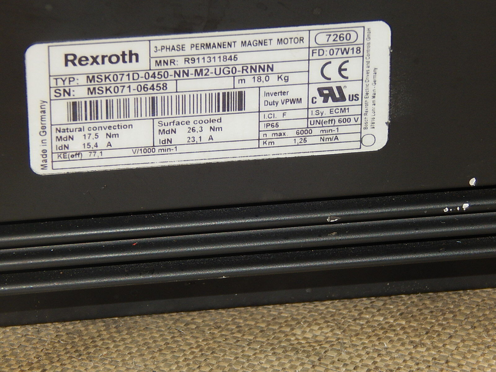 Rexroth 3~Phase Permanent Magnet Motor  MSK071D-0450-NN-M2-UG0-RNNN  used 