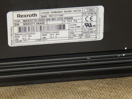 Rexroth 3~Phase Permanent Magnet Motor  MSK071D-0450-NN-M2-UG0-RNNN  used 