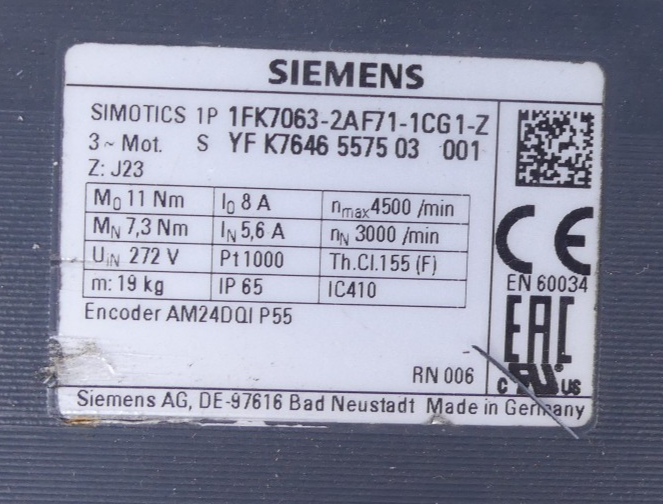 Siemens Simotics 1P Synchronservomotor 1FK7063-2AF71-1CG1-2