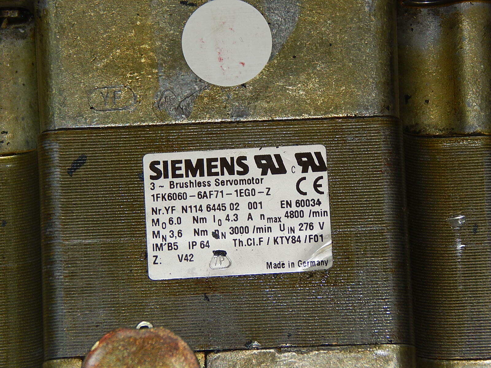 Siemens 3~Brushless Servomotor 1FK6060-6AF71-1EG0 Used