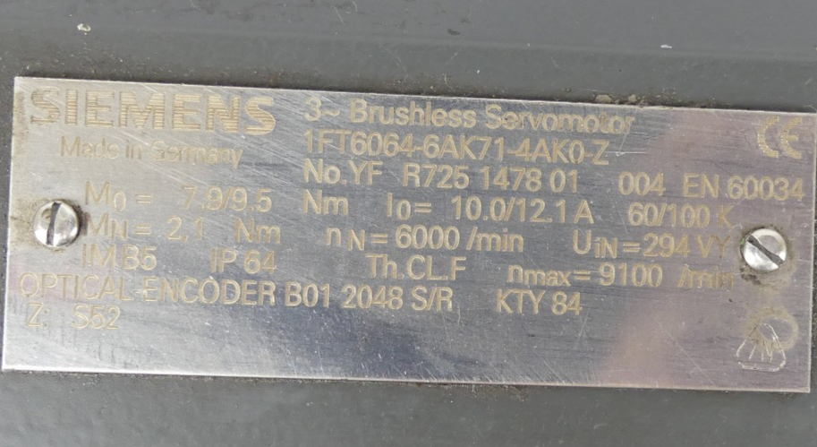 Siemens 3~ Brushless Servomotor 1FT6064-6AF71-4AK0-Z
