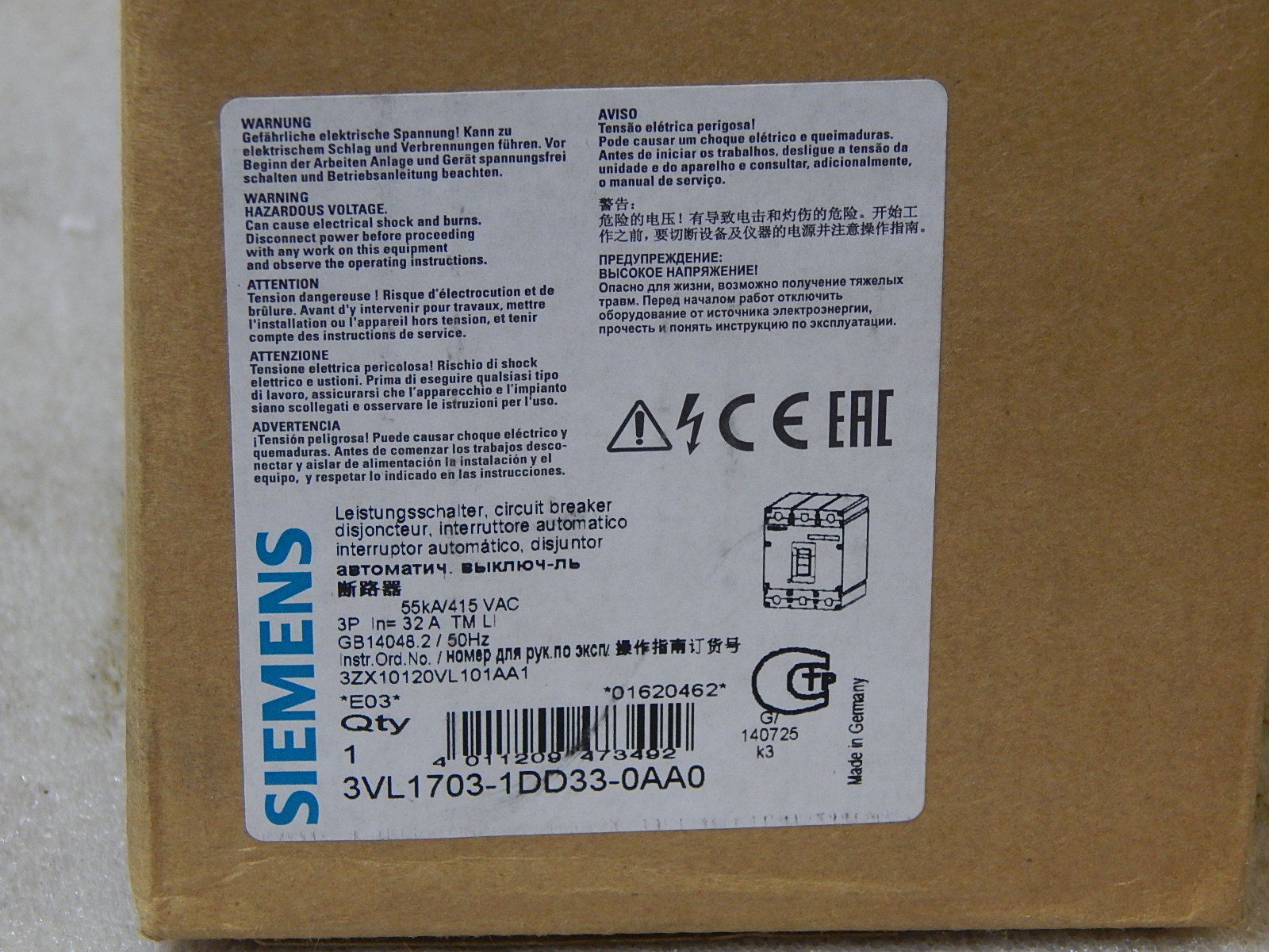 Siemens Circuit Breaker Leistungsschalter 32A 3 pol   3VL1703-1DD33-0AA0