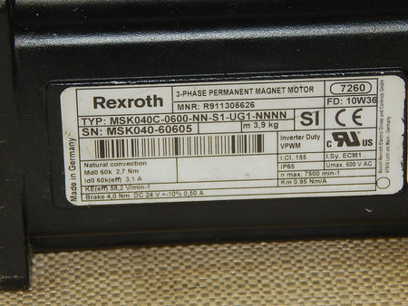 Rexroth  MSK040C-0600-NN-S1-UG1 - NNNN Permanent Magnet Motor  Used