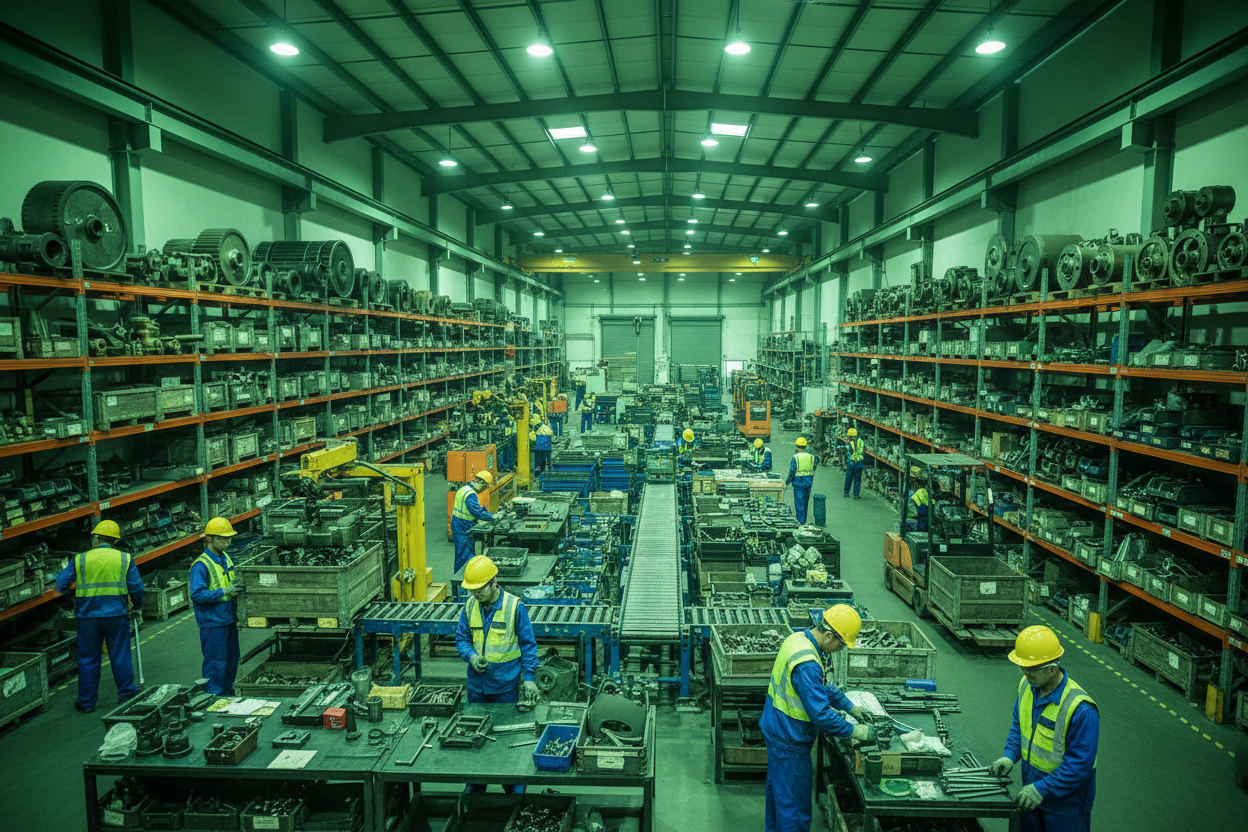 Such kind of industrial machinerz products, and a warehouse where labors are working